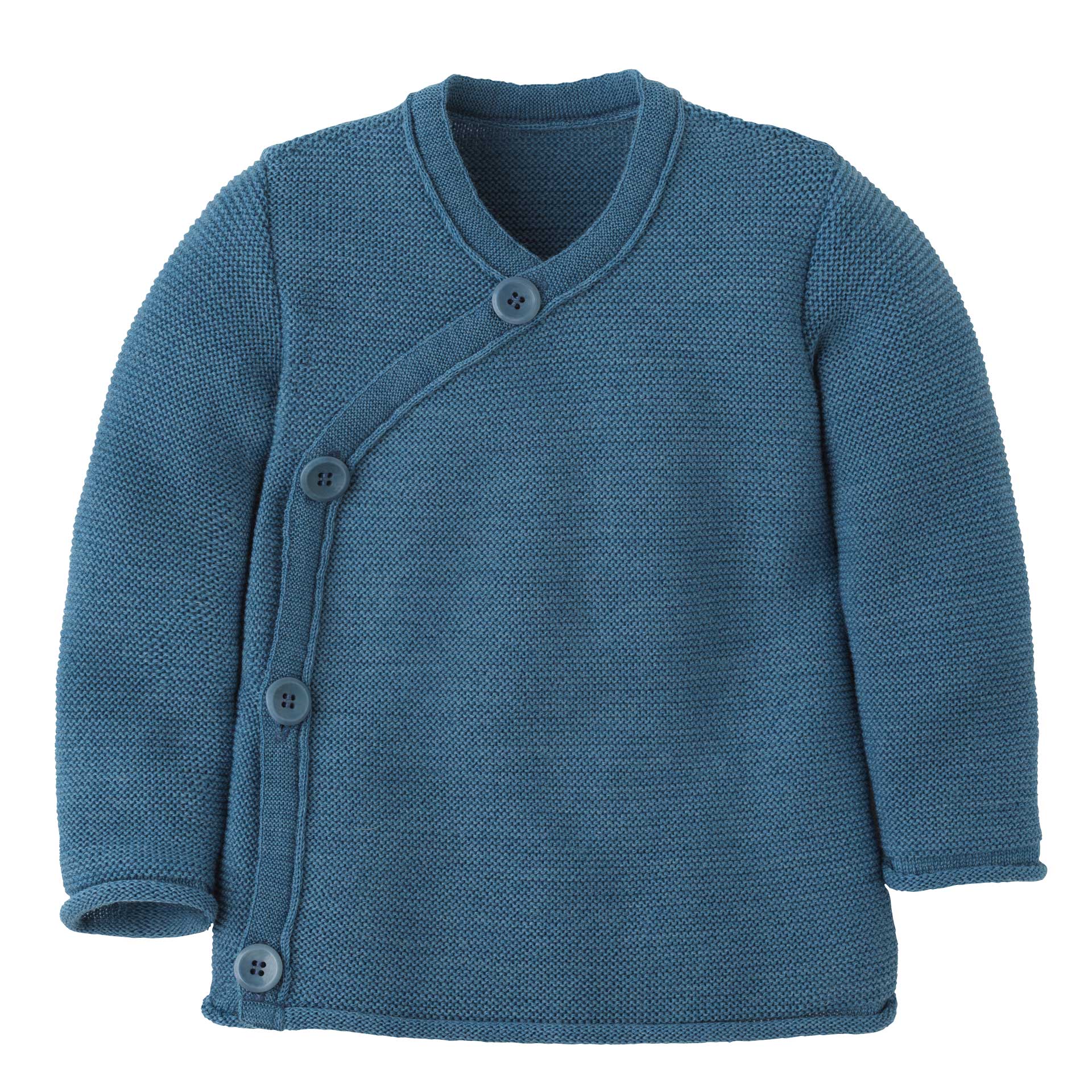 disana Baby-Jacke Taubenblau, Bio-Merinowolle, mit praktischer schräg verlaufender Knopfleiste, Rollbündchen an Ärmeln & Leib